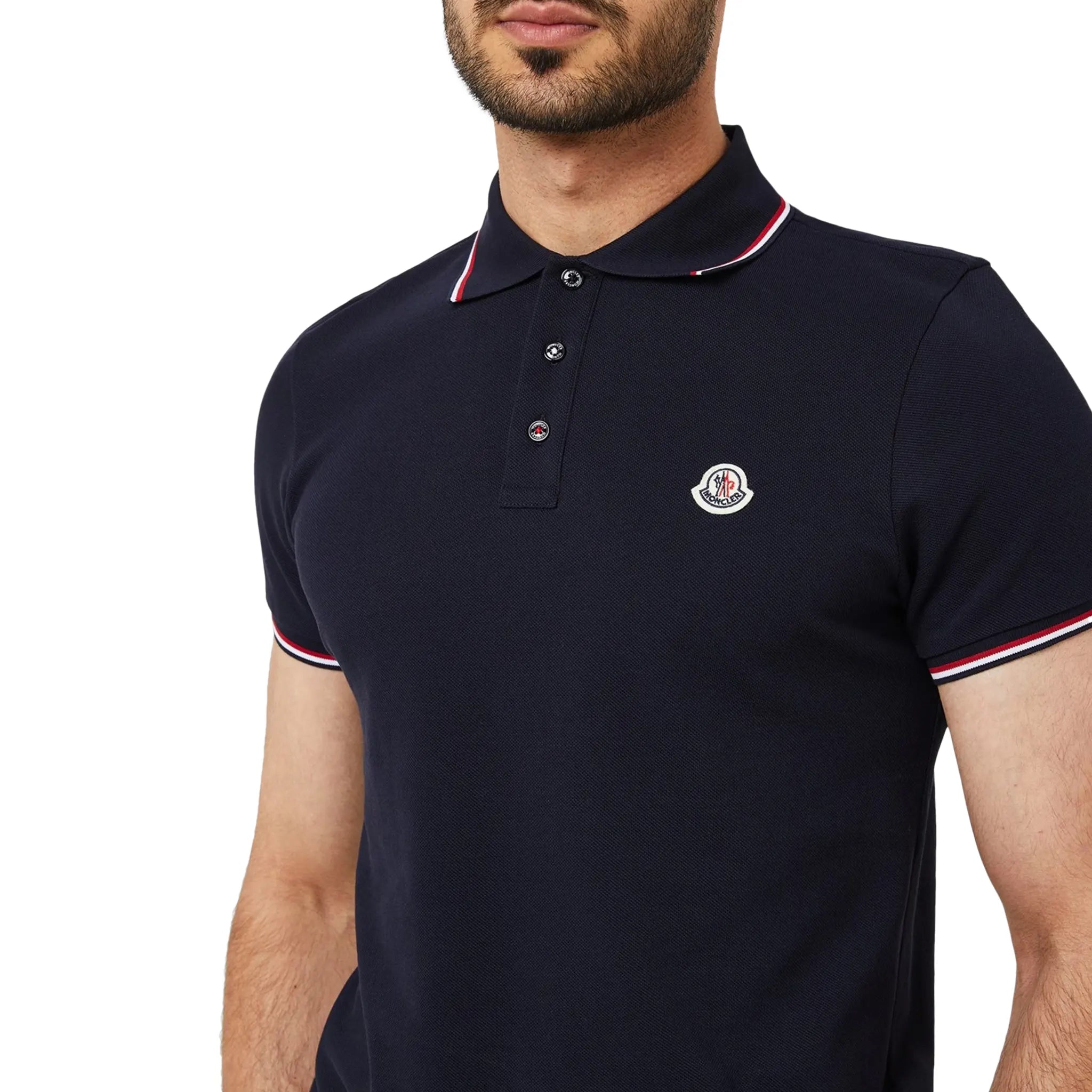 Front Detail view of Moncler Maglia Indigo Blue Polo Shirt I20918A7030084556796